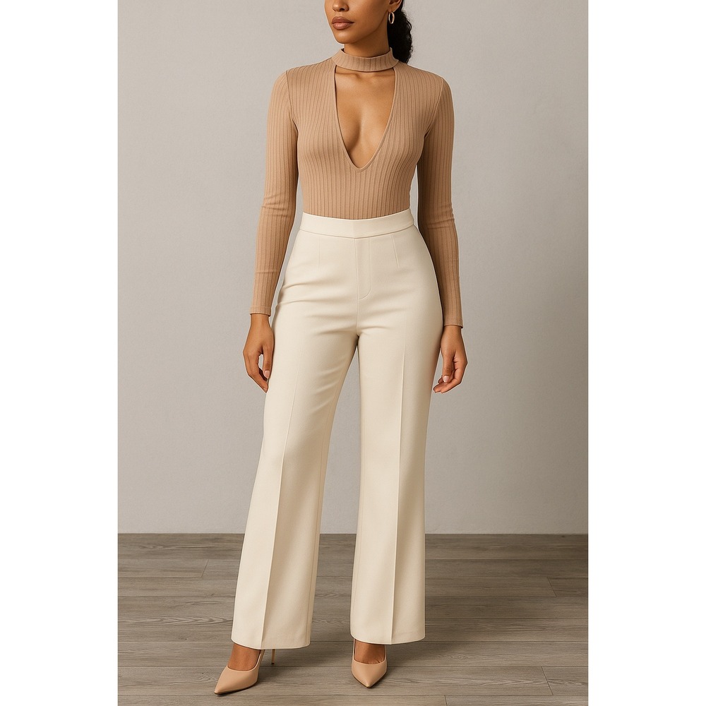 Forever 21‎ Nude Ribbed Deep V Bodysuit Women's Small Long Sleeve